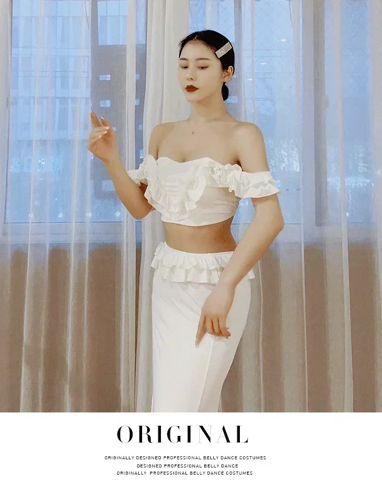 Women Belly Dance Costume 2 Piece Set Oriental Dance Practice Suit Sexy Tank Top Long Side Slit Skirt White Red 2021