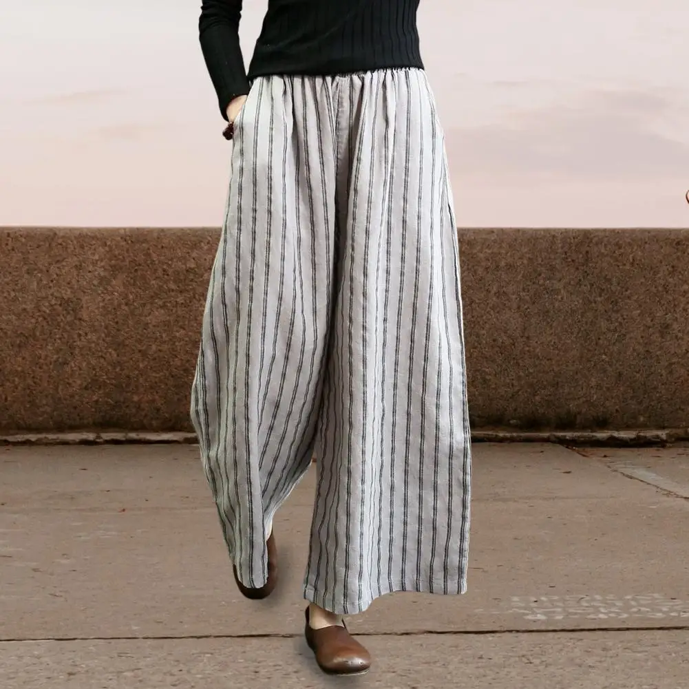 High Quality Vintage Black Grey Oversized Pants Women Clothing Casual Cotton Linen Pants Striped Leisure Loose Wide Leg Trousers