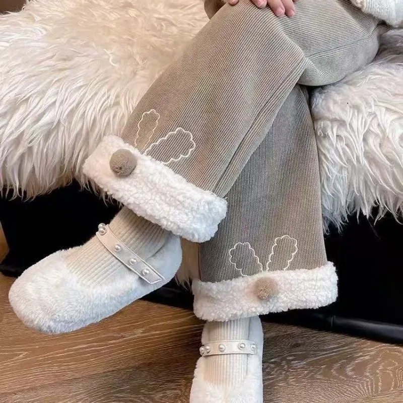 Girls Fleece Lined Pants Autumn Winter New Kids Thickened Straight Leg Trousers Baby Warm Micro Flare Pants Children Clothing