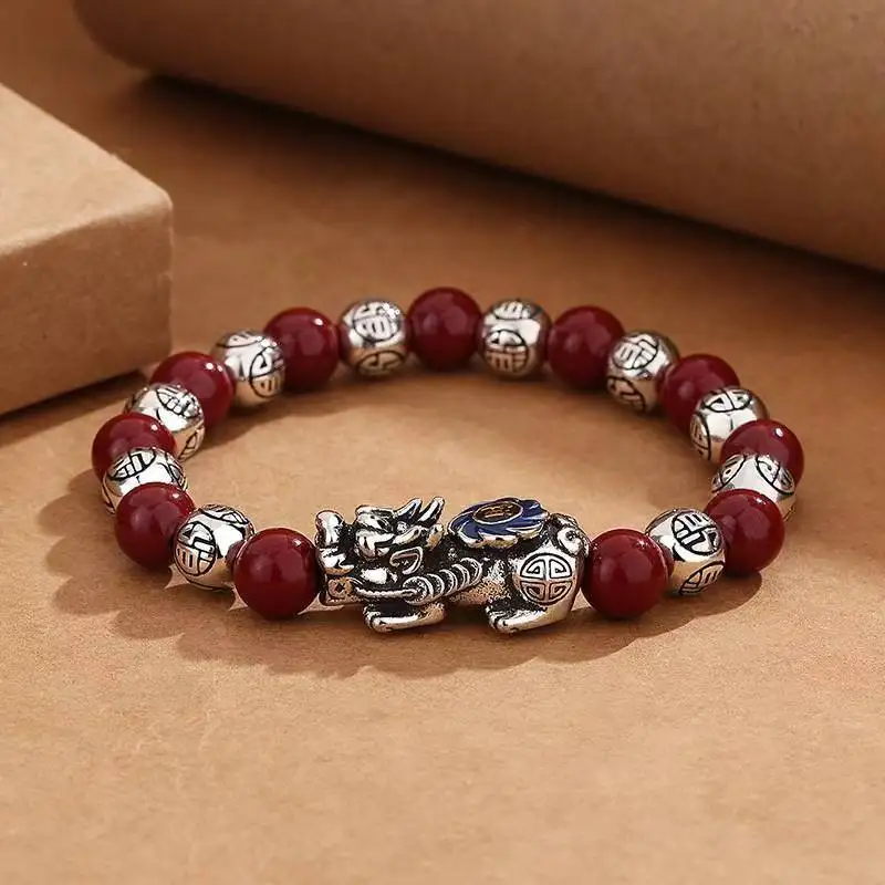 New 925 Silver Pixiu Vermilion Bracelet for Men and Women, Beaded Bracelet for Wealth and Fortune