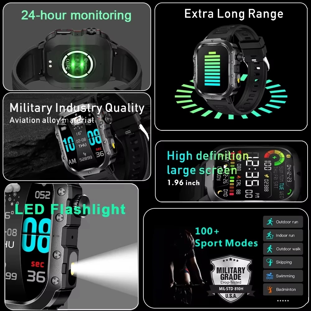 2025 New Flashlight Smart Watch AMOLED BT Call Heart Rate Monitoring Men's Fitness Exercise Tracking SmartWatch For Android ISO