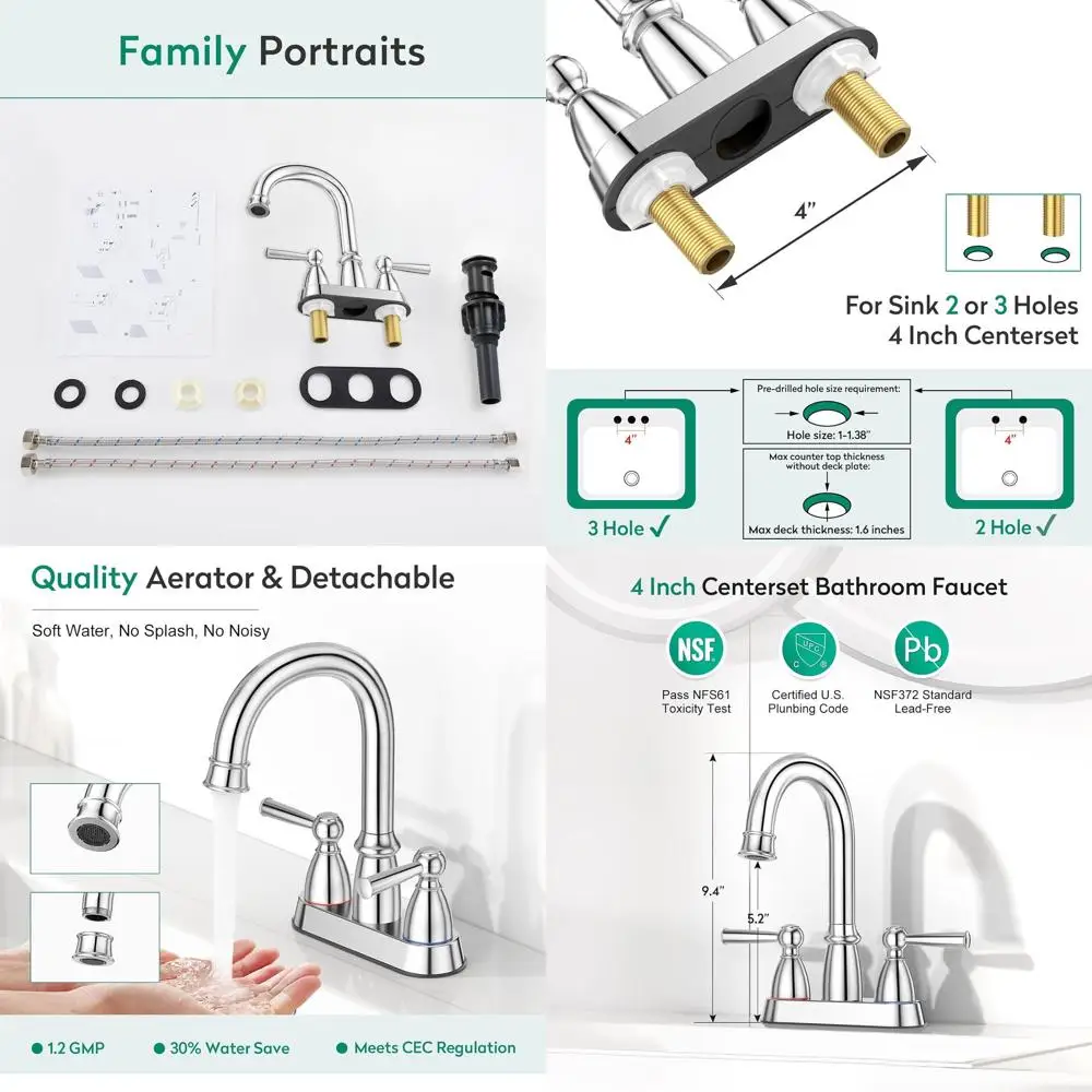 

4 Inch Centerset 2-3 Hole Double Handle Chrome Bathroom Faucet with Pop-Up Drain and 360° Swivel Basin Mixer Tap
