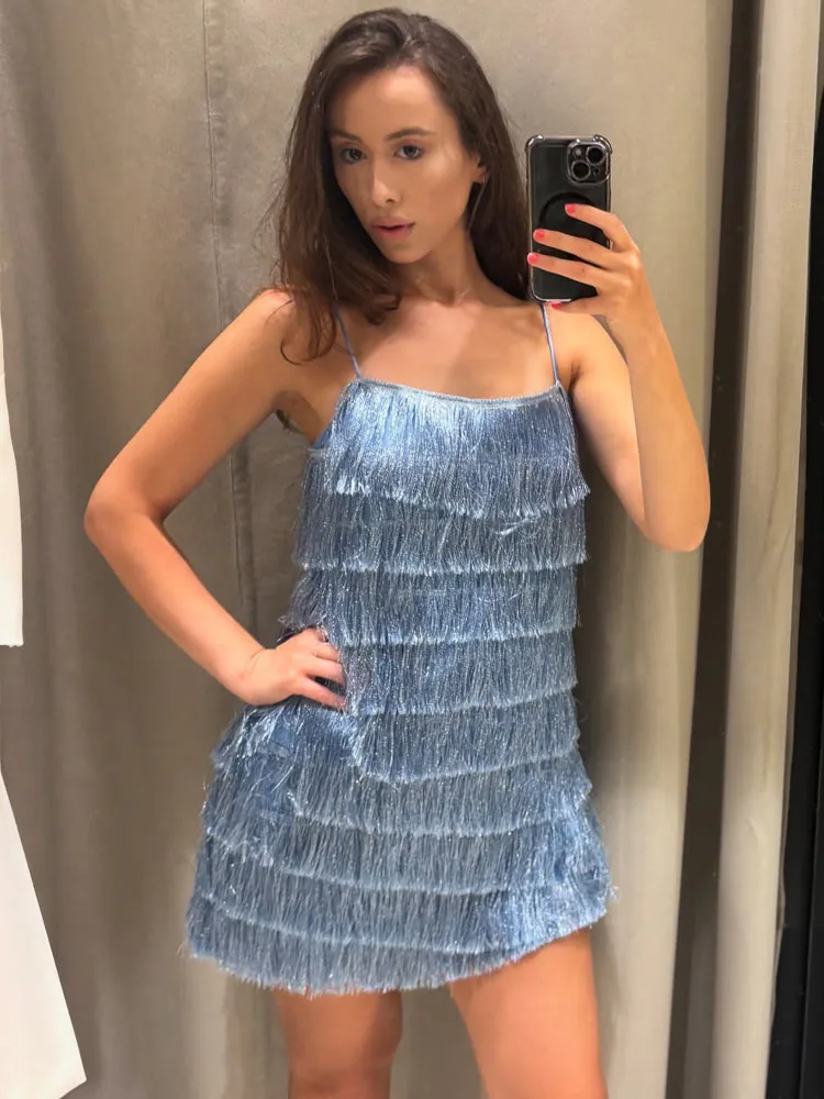 HH Vrouwen Nieuwe Mode Kwastje Gevoerde Mini Jurk Mouwloze Backless Sexy Slanke Jurken Vrouw Zomer Blauw Party Halter Jurk