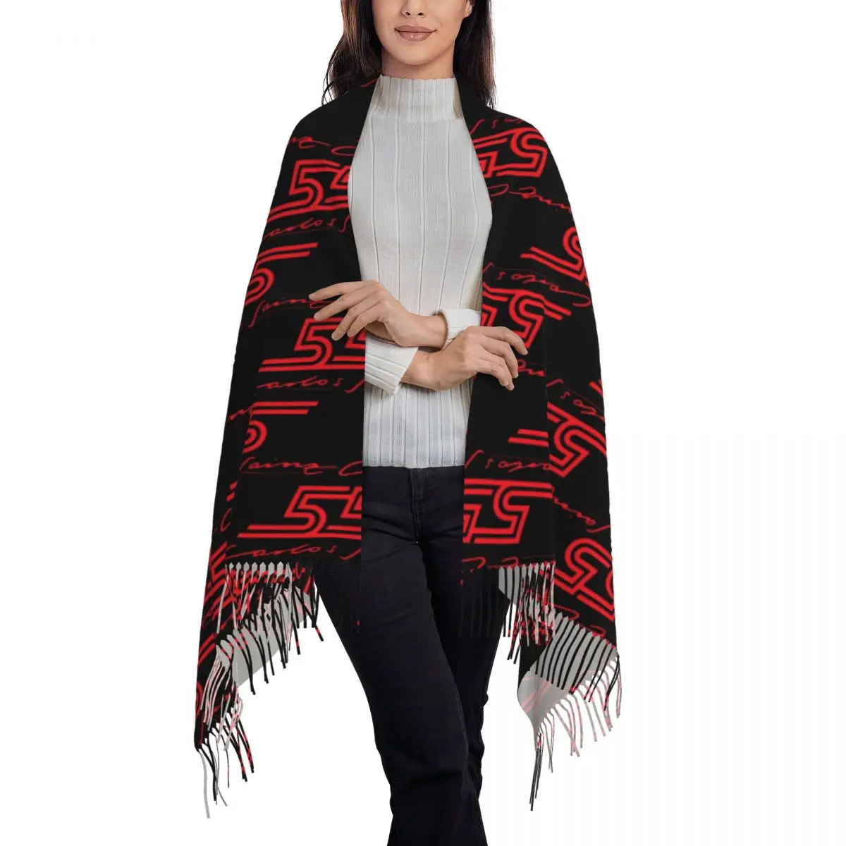 Carlos Sainz Jr F1 Signature Graphic - Dark Scarf Tassel Scarves Women Soft Warm Shawls and Wraps Large Fall Winter Shawl Wrap