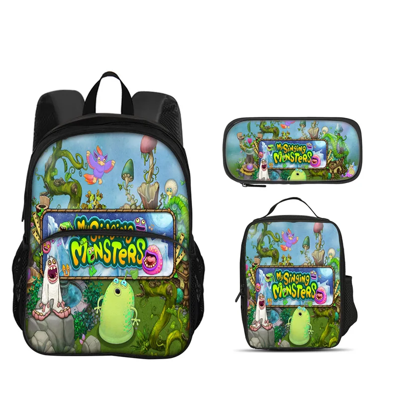 My Singing Monsters Round Front Bag Backpack Pen Bag ice Bag 3Pcs Set Printed Kindergarten Elementary School Boys and Girls