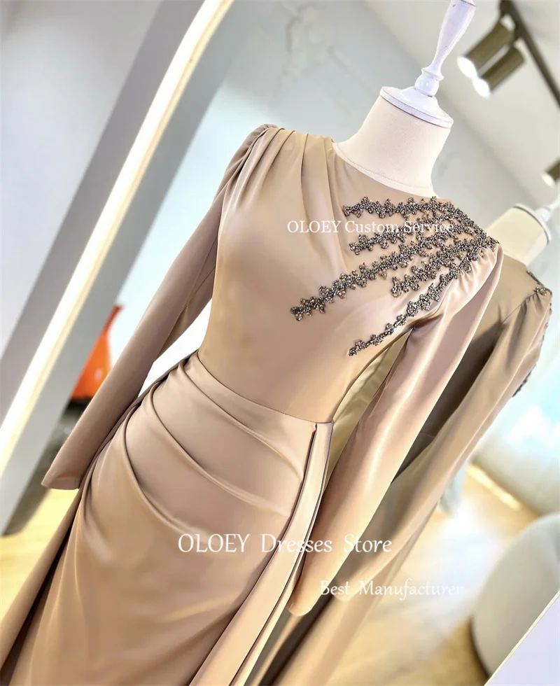 OLOEY Modest Dubai Arabic Women Evening Dresses Attachable Train Long Sleeeves O-Neck Beads Prom Gowns Customised Formal Dress