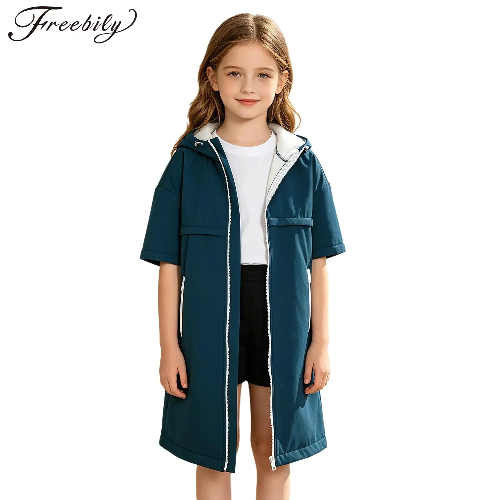 

Kids Boys Girls Water Resistant Changing Robe Flannel Lining Outerwear Long Sleeve Zip-off Hooded Coat with Pockets