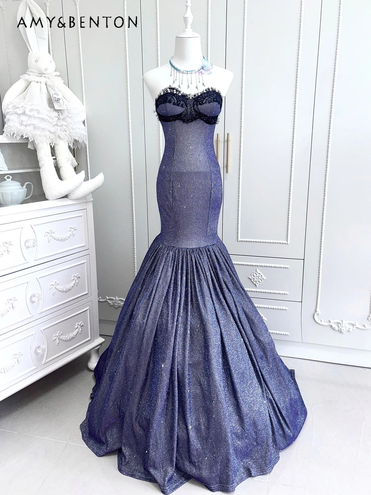 

2025 Summer New High-Quality Purple Sexy Bodycon Mermaid Floor-Length Dress Sparkling Birthday Party Host Dress