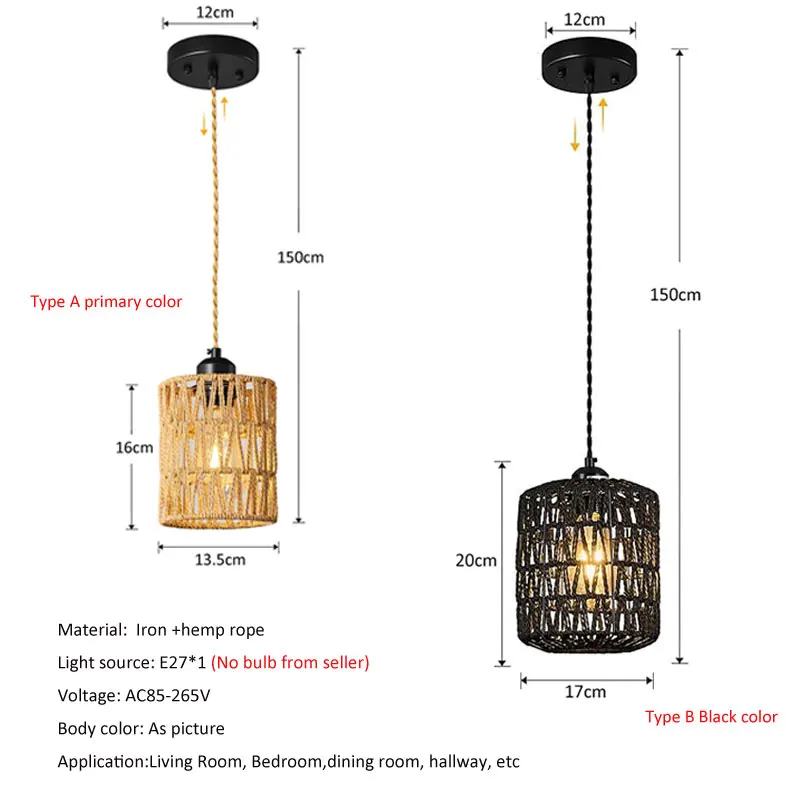 Vintage Hemp Rope Pendant Light Industrial Chandelier Aisle Stairs Bar Restaurant Cafe American Ceiling Lamp Iron Droplight