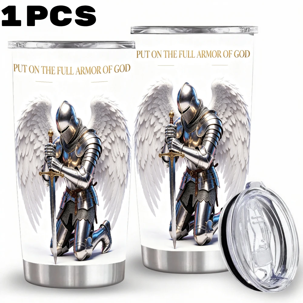 20oz Put On The Full Armor of God Knight Printed Stainless Steel Tumbler with Lid and Straw, Christian Angel Wings Vacuum Insulated Travel Mug