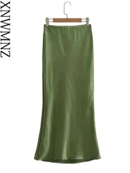 XNWMNZ 2023 Women Fashion Flowing Satin Long Skirt Woman High Street Elastic High Waist Slim Fit Versatile Female Chic Skirt