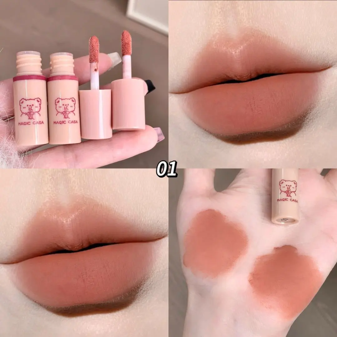 

Matte Lip Mud Set 4pcs Long Lasting Waterproof Non-Sticky Nude Red Cute Bear Lip Gloss Not Fade Liquid Lipstick Makeup