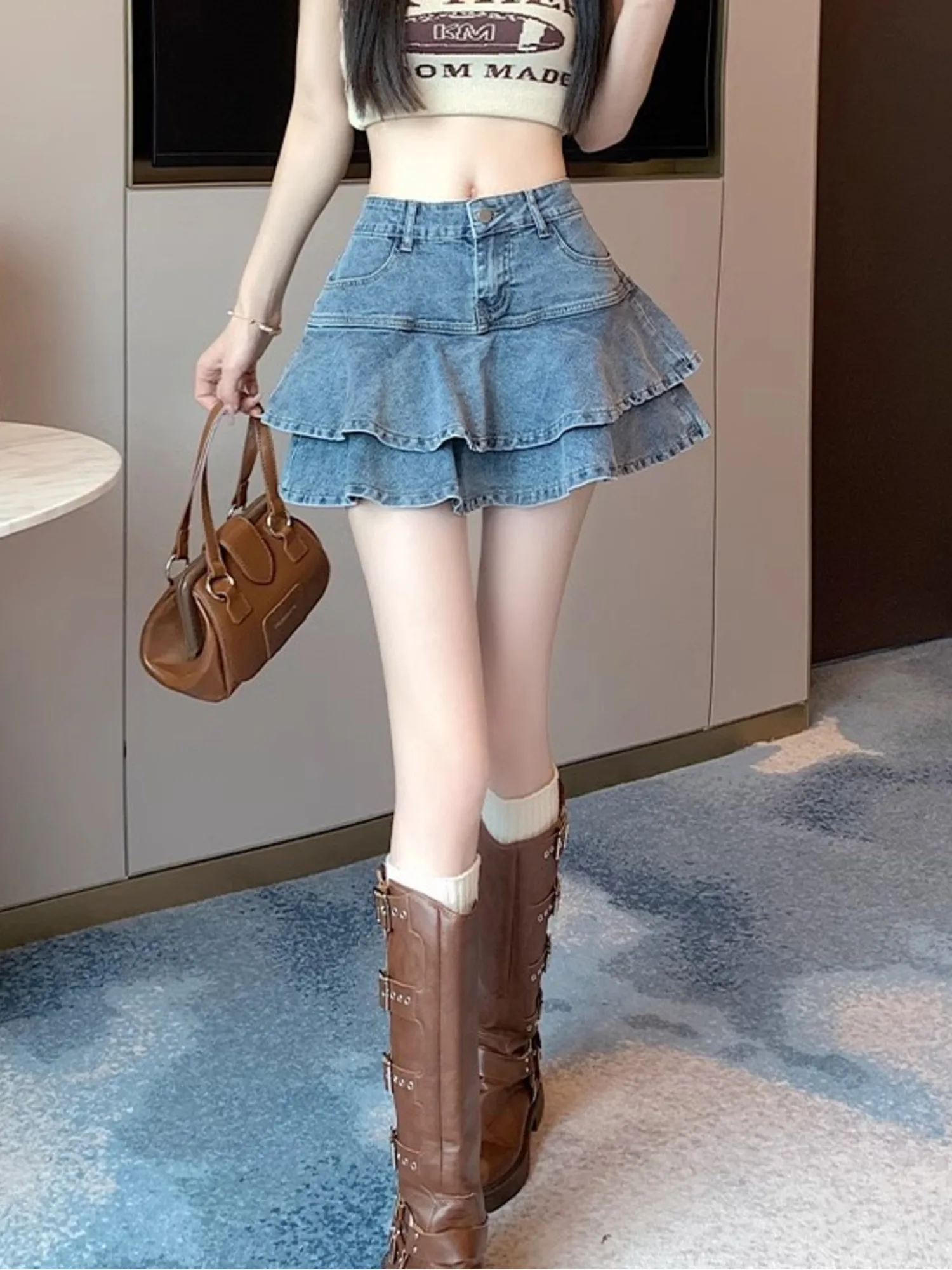 Women's Vintage Washed Denim Layered Ruffle Skort High Waist A-Line Skirt with Built-in Shorts Light Blue S-2XL view 6