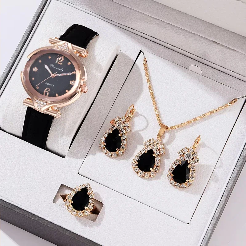 5PCS Set Fashion Women Rectangle Watches Ladies Dress Red Leather Quartz Watch Womens Necklace Earrings Bracelet Wrist Watch