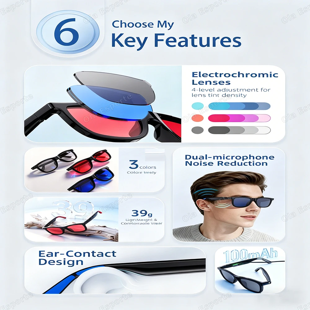 2026 Smart Audio Glasses Touch Control Color Changing Lens Dual Microphone Noise Reduction AI translation Bluetooth Sunglasses