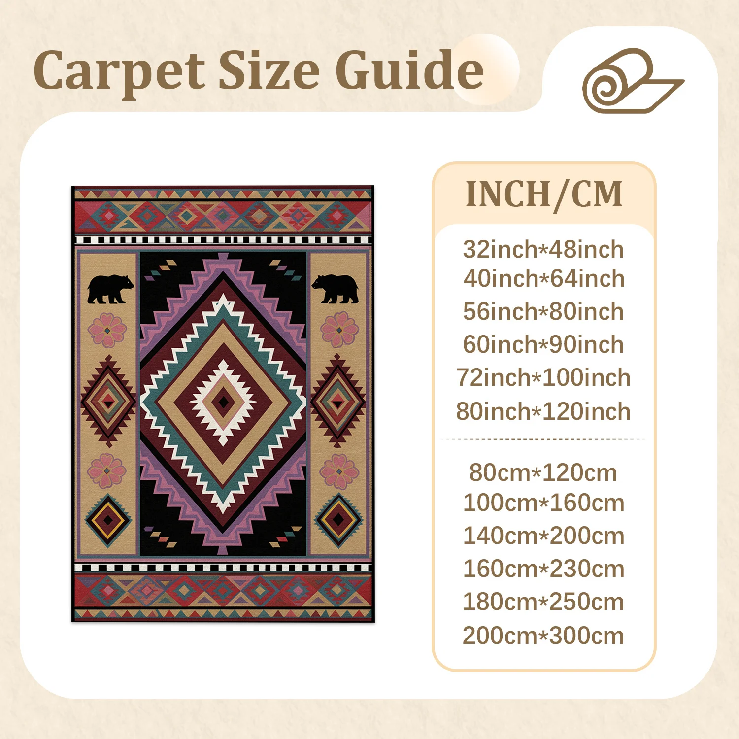 Native Geometric Bear Floral Pattern Velvet Area Rug Machine Washable Soft Floor Rug for Living Room Bedroom Entryway Dining Room Ideal for Halloween Thanksgiving Christmas New Year Black Friday Home Decor