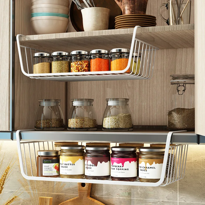 

Cupboard Sundries Divide Organizer Basket Metal Kitchen Spice Storage Rack Cabinet Punch-Free Hook Type Undertable Storage Shelf