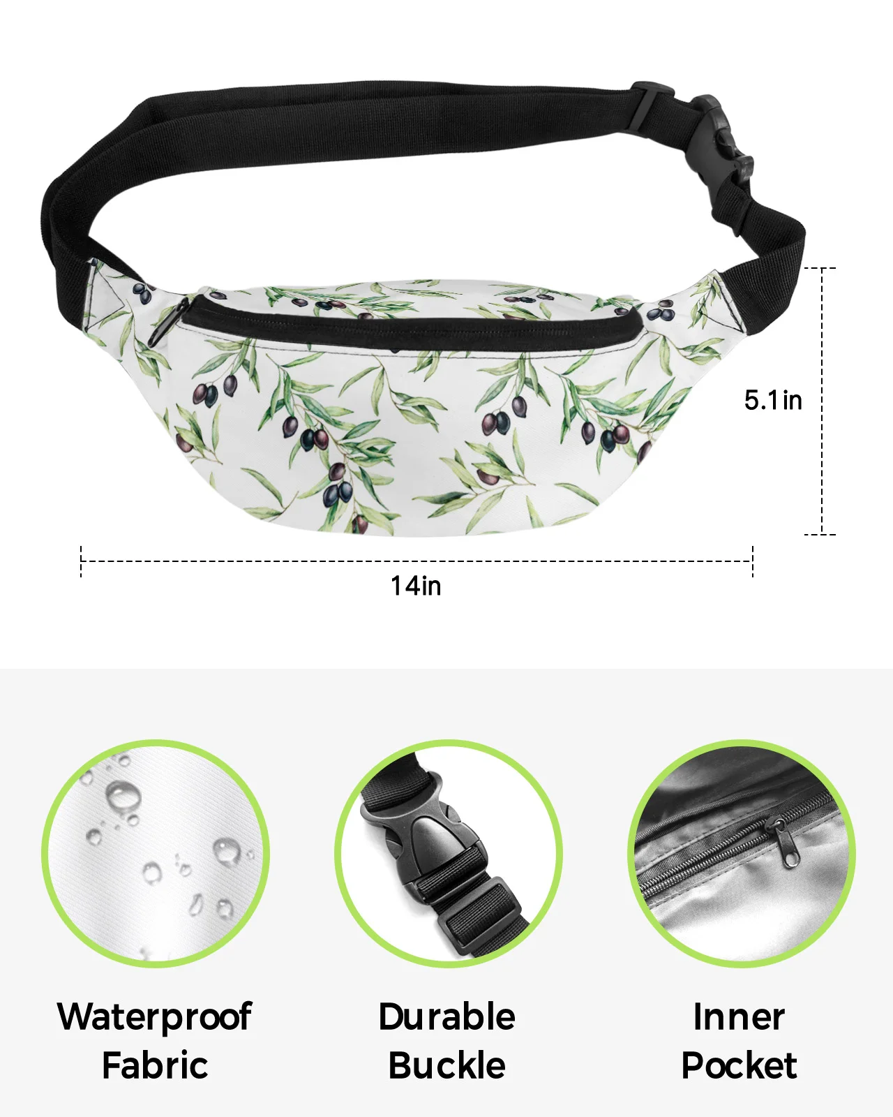 Watercolor Olive Leaf Texture Waist Bags for Women Man Travel Shoulder Crossbody Chest Bags Waterproof Fanny Pack