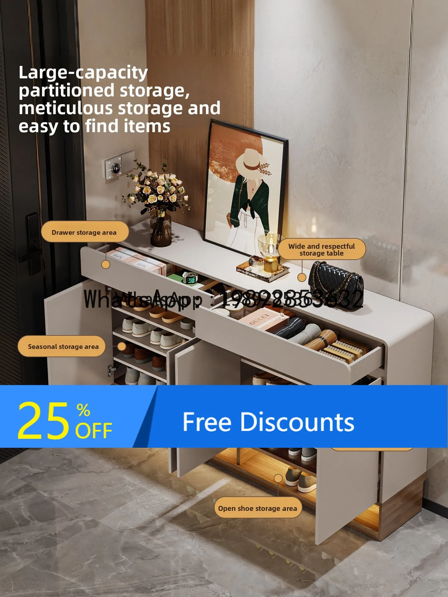 Solid Wood Shoe Cabinet Storage Integrated Wall-Mounted Living Room Sofa Side Cabinet Light Feel with Drawers and Dividers