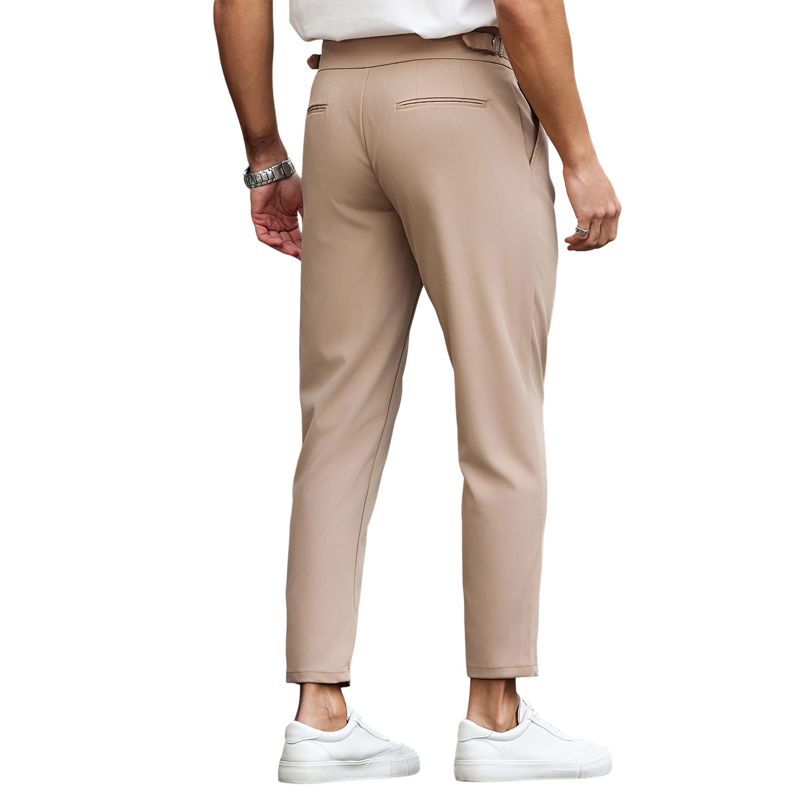 Men Double Pleated Ankle‑Length Suit Pants Adjustable Side Buckle Waist Business Smart Casual Tapered Formal Dress Trousers