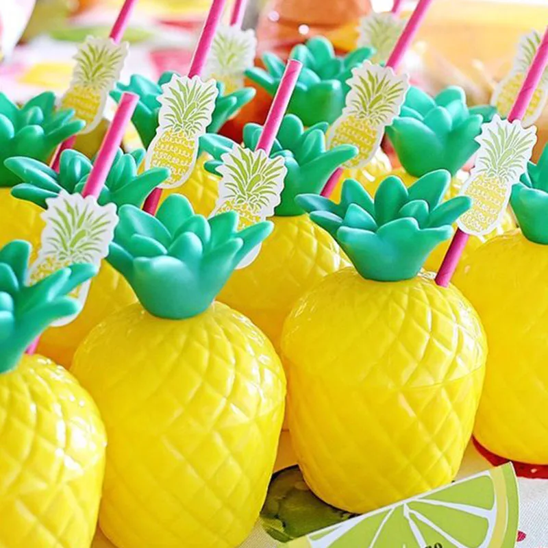 Hawaii Pineapple Coconut Drinking Cup Luau Tropical Water Cups With Drinking Straws For Beach Birthday Pool Party Decor Supplies