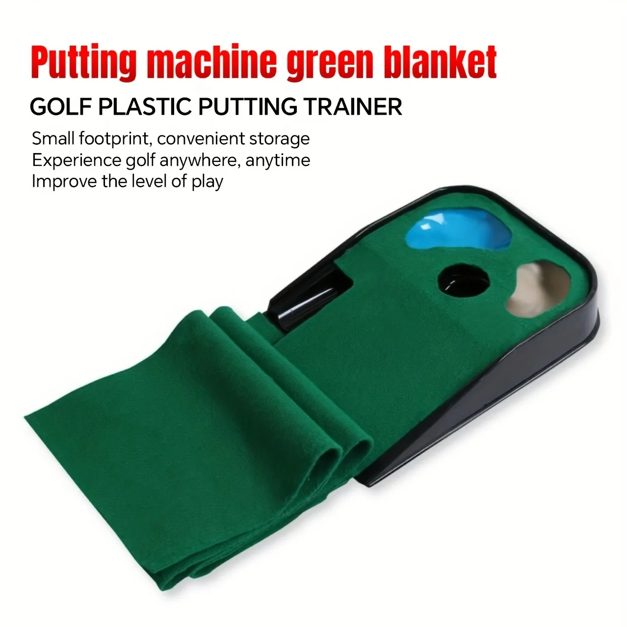 Portable golf putting mat with plush surface, easy to store, simulates sand traps and water hazards