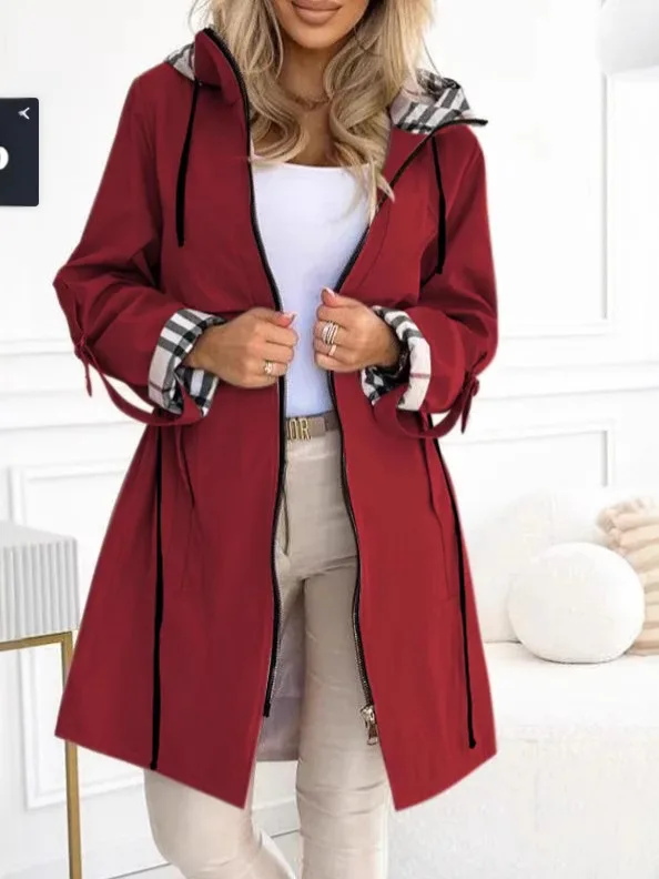 موضة خندق معطف امرأة الخريف الشتاء بلون تنوعا عادية الشارع نمط سترة طويلة الأكمام مقنعين منقوشة ملابس خارجية