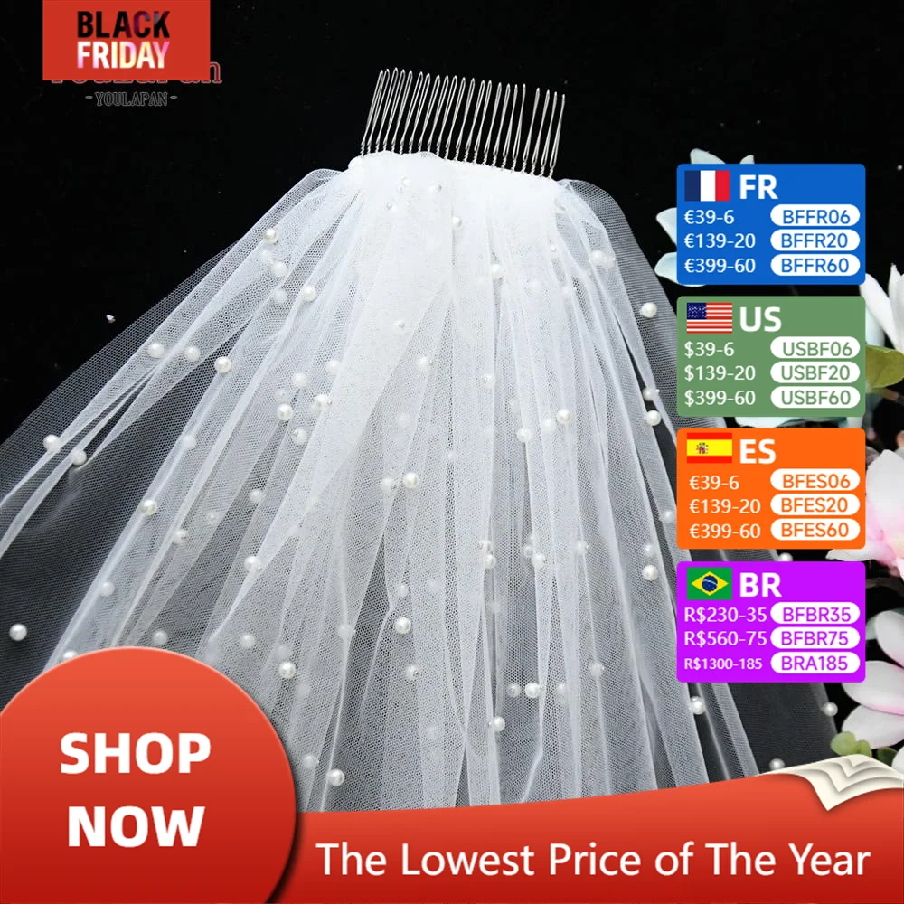 YouLaPan V05 Luxury Bridal Tulle Bridal Veil Pearl Wedding Veil with Hair Comb 1 Tier Long Wedding Veil Cathedral Wedding Veil