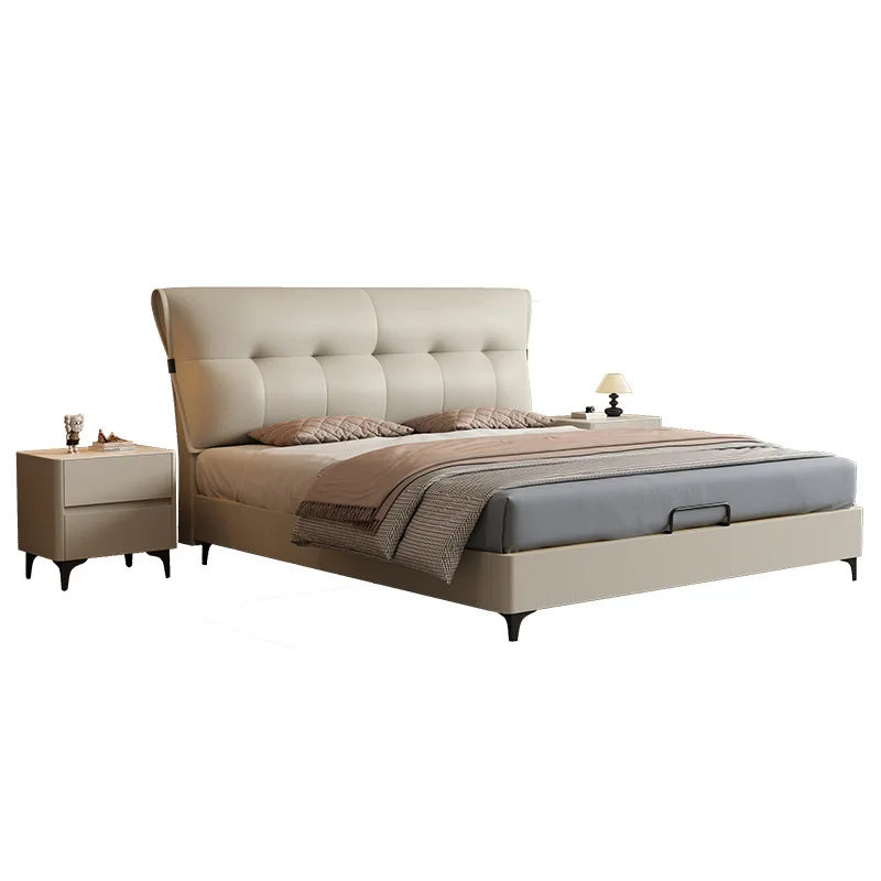

Modern, simple, light luxury bed, double, first layer, cowhide, genuine leather, master bedroom, cream style, small apartment