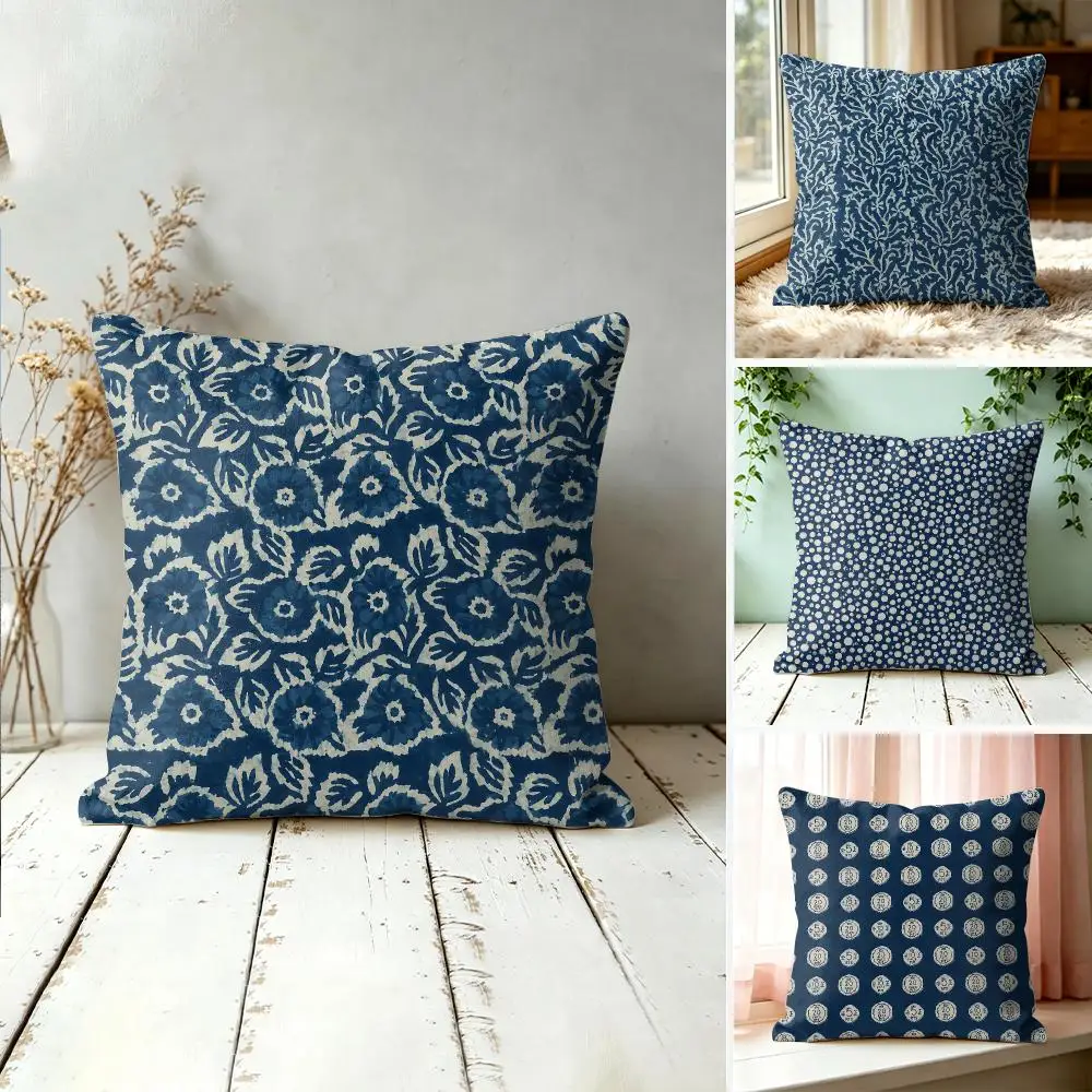Indigo Batik Seamless Cushion Cover Silky Short Plush Invisible Zipper Dustproof Sofa Pillow Case For Home Decor