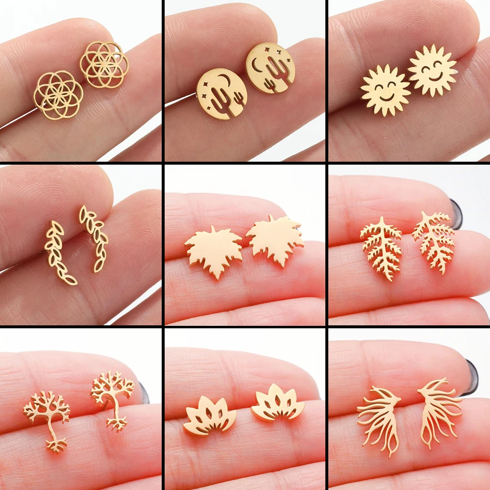 Vintage Ethnic Cactus Earrings For Women Flower Leaf Tragus Piercing Stainless Steel Cartilage Stud Earrings Tragus Jewelry