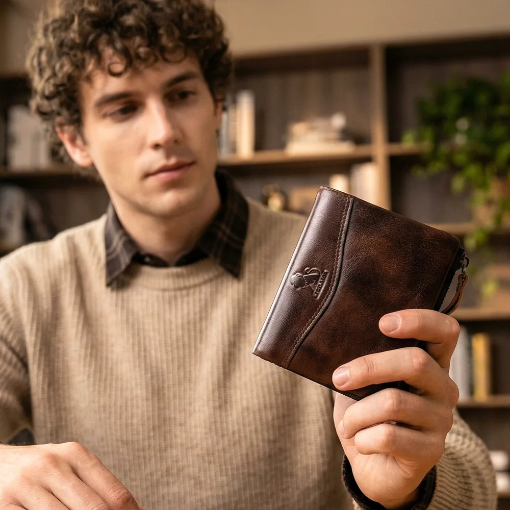 Real leather portable men's short wallet multi-card security brush change multi-function business wallet