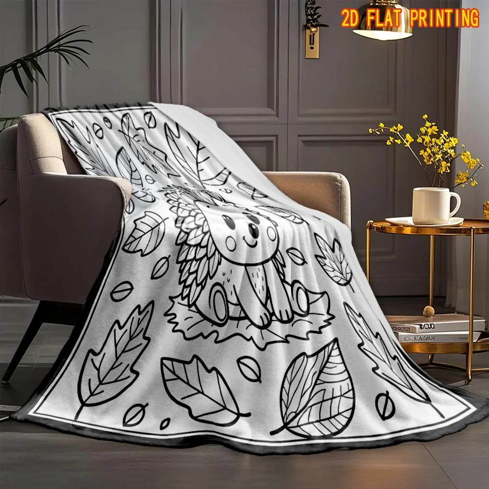Autumn Hedgehog Throw Blanket Fall Maple Leaves Doodle Line Print Soft Flannel for Kids Room Sofa Lap DIY Craft Theme Decor Gift