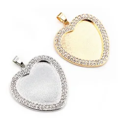 5pcs 25mm Inner Size Rhodium KC Gold Plated Transparent Rhinestone Heart Blank Cabochon Base Setting Charms Pendant