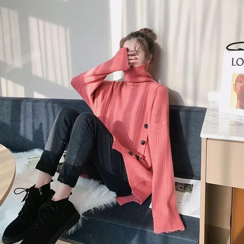 2025 New Turtleneck Pullover Sweater Women Autumn Winter Knitted Sweater Korean Style Button Casual Outwear knitted Sweater