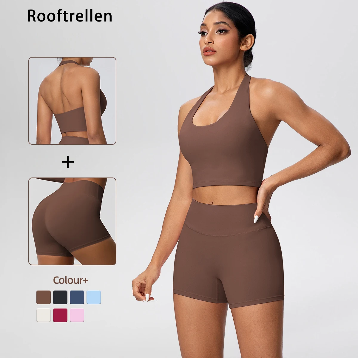 Rooftrellen 2PCS Woman Gym Yoga Set Lifting Buttocks Sports Women's Shorts Solid Color Backless Halter Bra with Chest Pad
