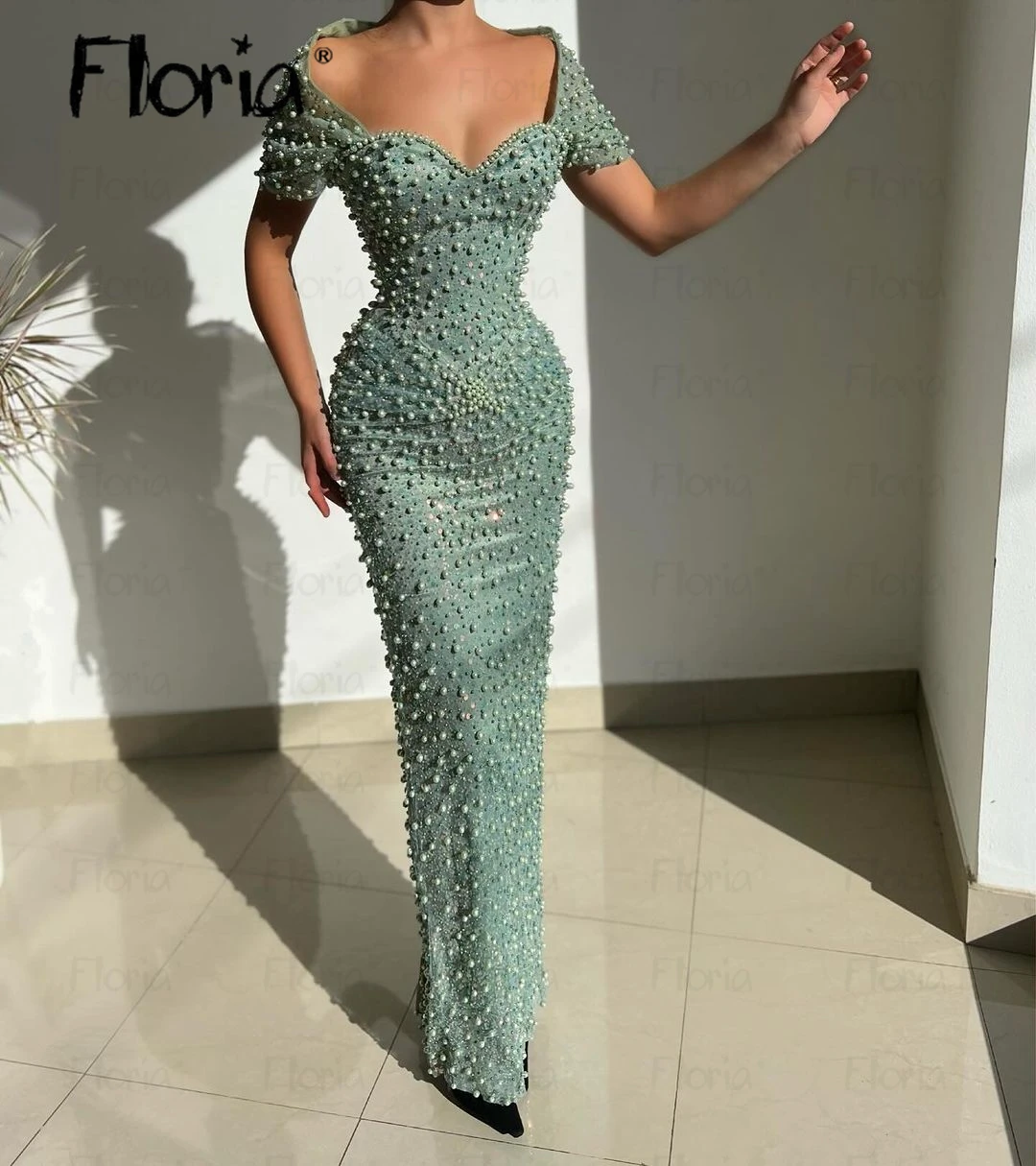 Vestido largo De fiesta con cuello barco para mujer, traje Formal árabe con perlas completas, color verde, personalizado