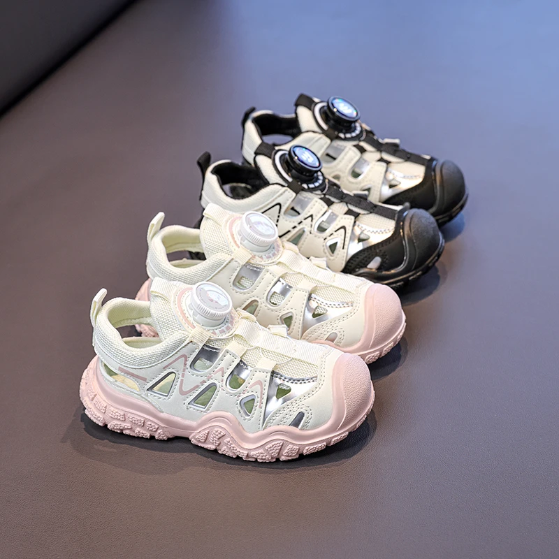 Children Sports Sandals Rotating Button Kids Running Shoes Toes Capped Soft 2026 Summer New Boys Girls Casual Shoes Non-slip