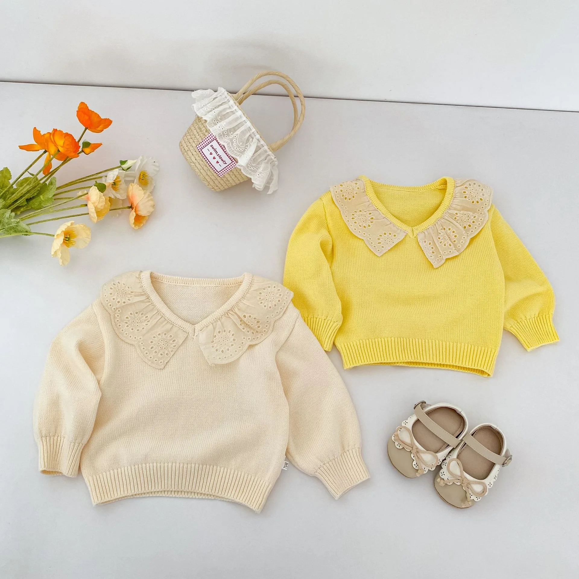 Spring and Autumn Lace Lotus Leaf Collar Knitted Sweater Solid Color Texture Bubble Sleeve Pullover