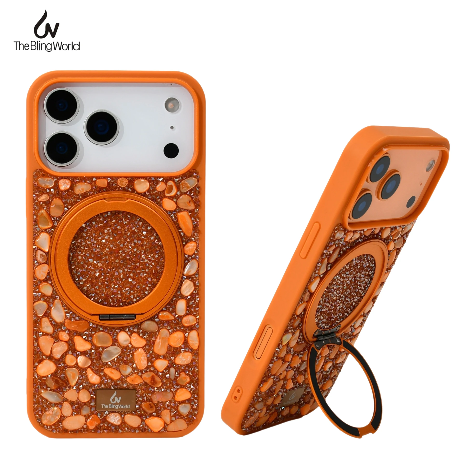 

The Bling World Luxury 3D Stone Diamond Case for iPhone 17 16 15 14 13 Pro Max Rotating MagSafe Ring Stand Glitter TPU Cover