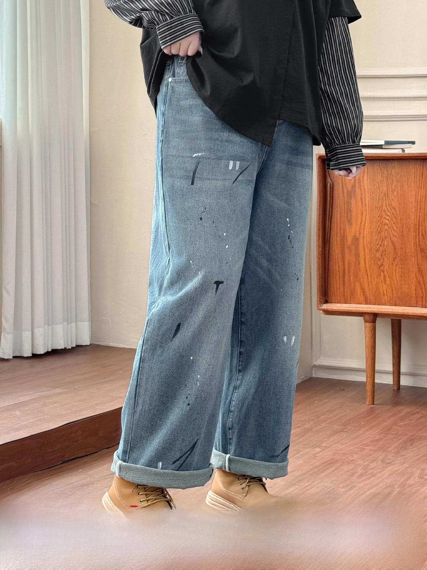 

Художественные длинные широкие джинсы больших размеров, женские хлопковые джинсы с высокой талией и винтажным принтом, новые осенние чернила