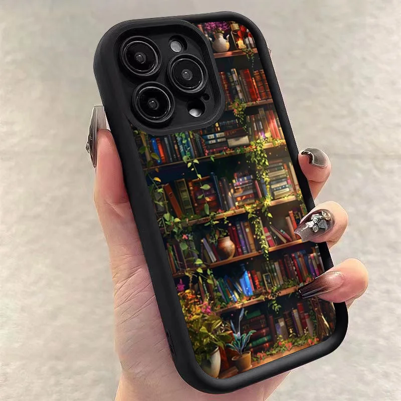 Case for Xiaomi Redmi Note 14 13 12 11 Pro Plus 12S 11S 10S 10 Redmi 13C 12C 14C 4G Flowery Bookshelf Painting Soft Phone Cover