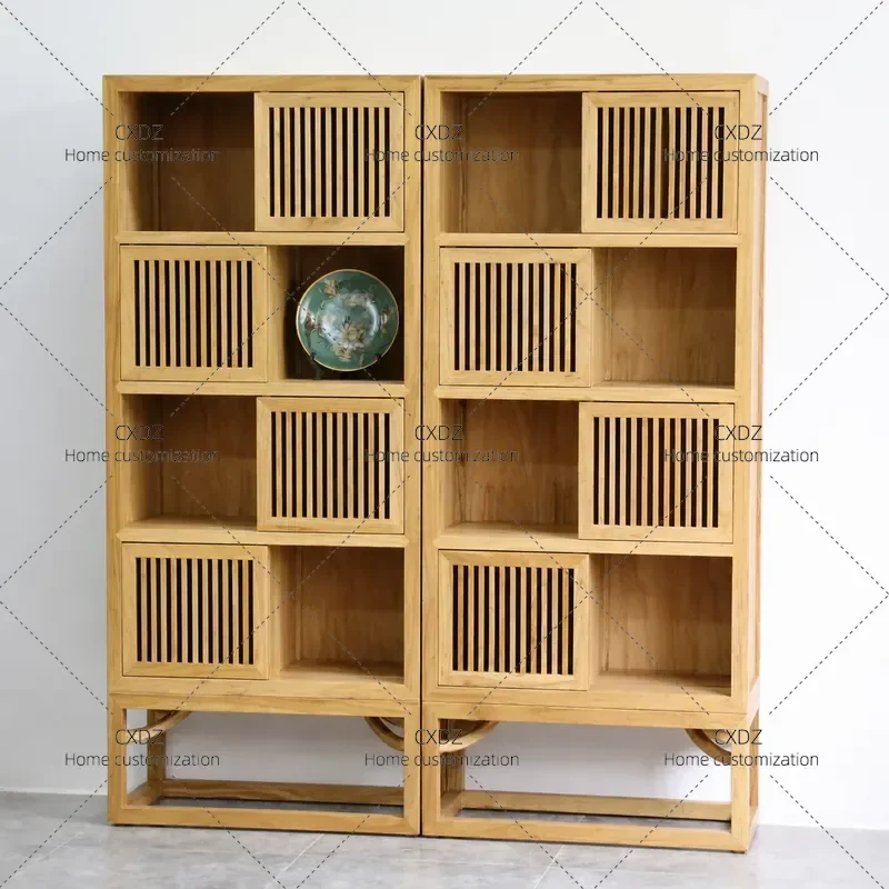 Old Elm Bookcase Solid Wood Bookshelf Paint Free Storage Cabinet Chinese Style Display Shelf Bogu Rack Home Furniture