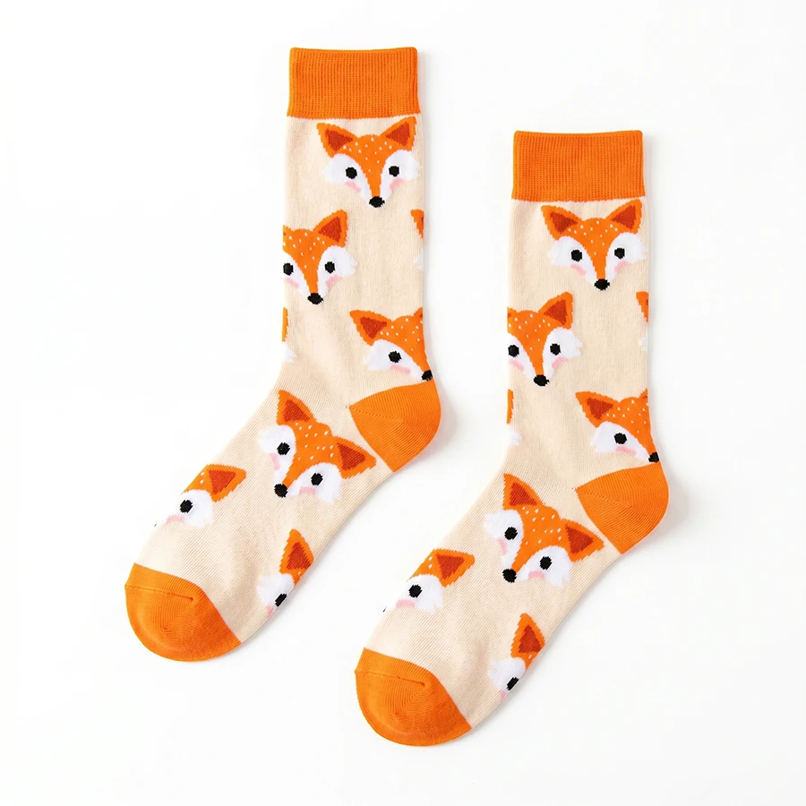 1 Pair of Unisex Socks with Cute Orange Fox Pattern on a Beige Background, Orange Color-Blocking Heel and Toe, Polyester, Breathable, Fun, Mid-Calf Socks, Suitable for Everyday Wear
