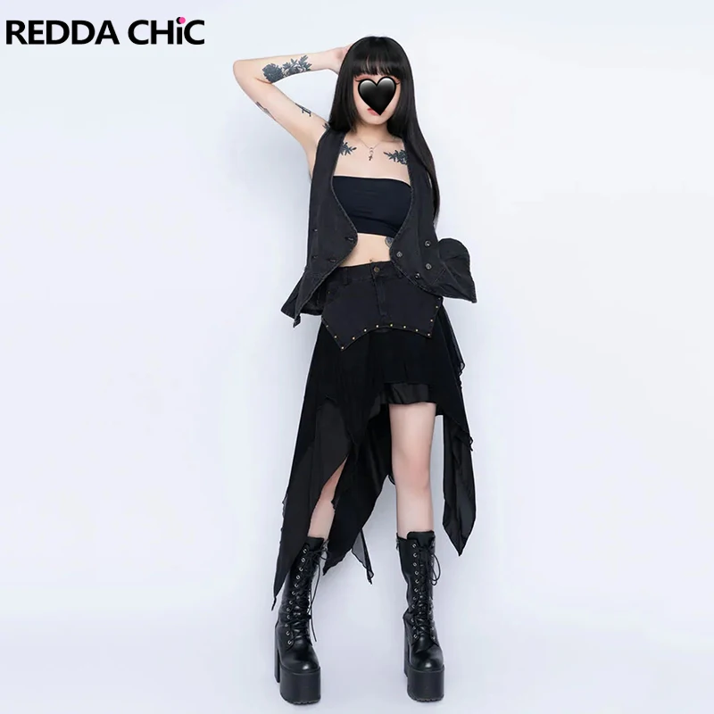 

REDDACHiC женская сетчатая асимметричная юбка с подкладкой, шорты в стиле ретро, панк, джинсовая длинная юбка с рюшами и бахромой, уличная одежда в стиле гранж