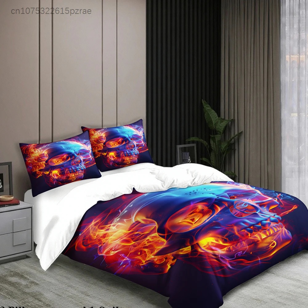 3pcs Skull Bedding Sets 3D Printed Flame Pattern Anti-Slip Stain Resistant Duvet Cover Sets With Pillowcases No Filling