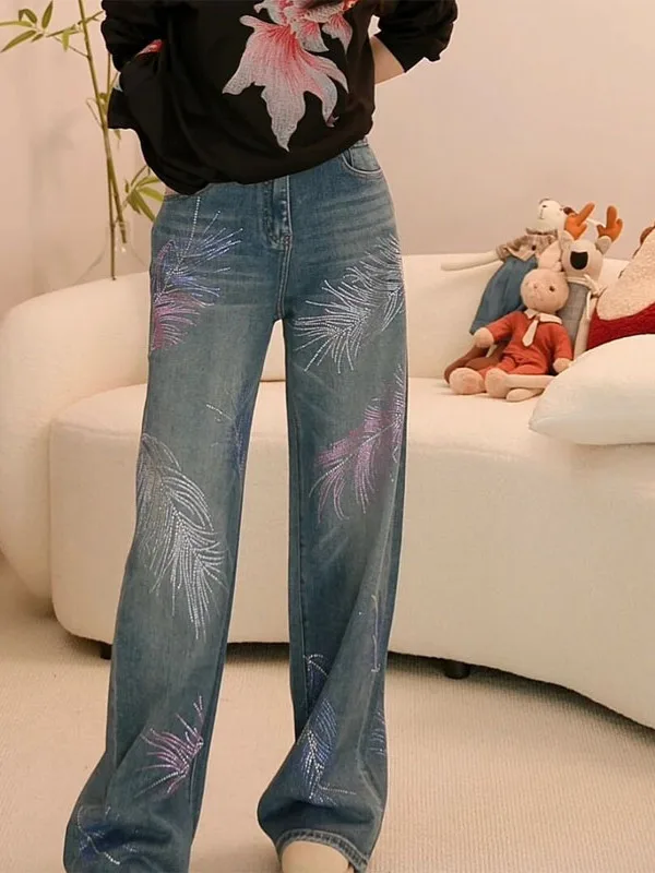 

Spring 2026 Women's Straight Leg Jeans High Waist Water Waed Blue Firework Rhinestone Wide Leg Pants Faionable Trendy