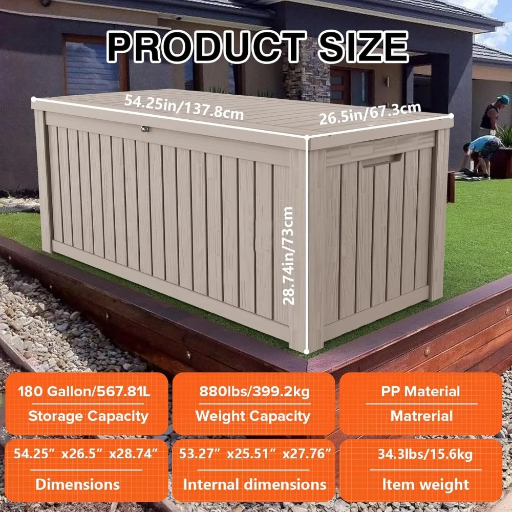 

180 gallon lockable resin deck box, waterproof and UV resistant outdoor storage box, used for outdoor buffer storage