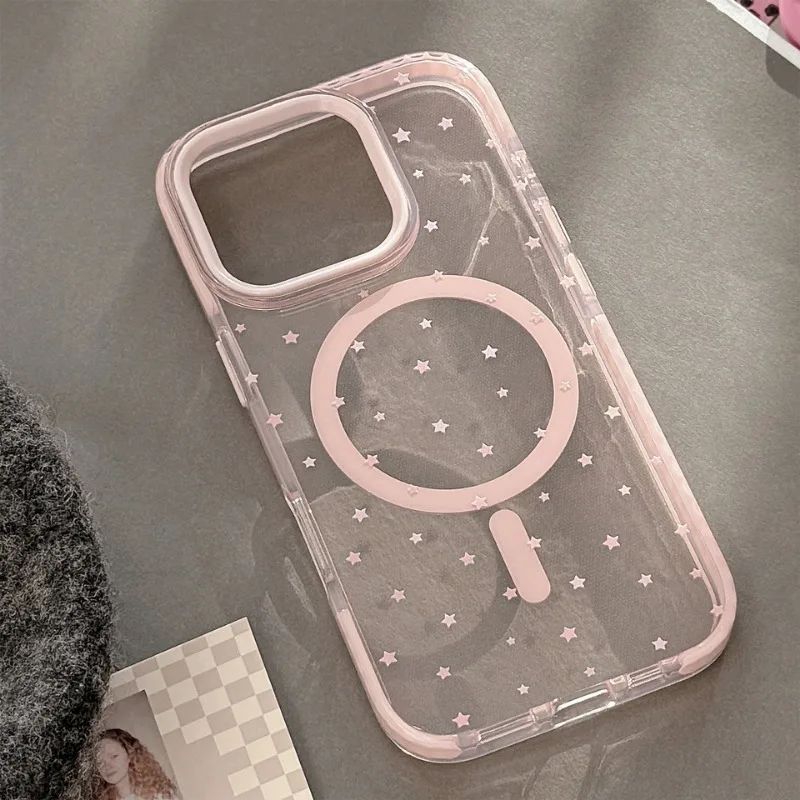 

For Magsafe Pink Stars Cute Transparent TPU Case for iphone 16 15 12 13 14 Pro Max 11 16proMax Magnetic Wireless Charging Cover