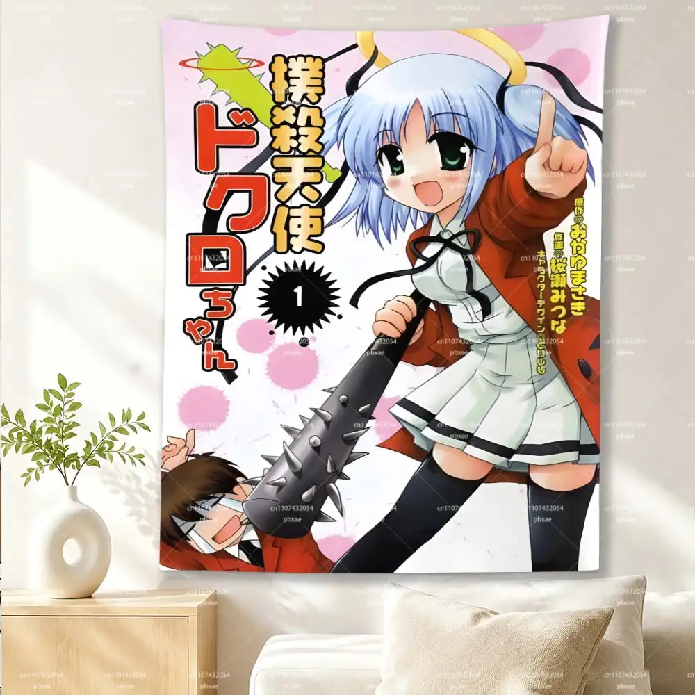 Bludgeoning Angel Dokuro‑chan Anime Tapestry Wall Hanging, Manga Cover Style Character Poster Tapestries, Pink Splash Background